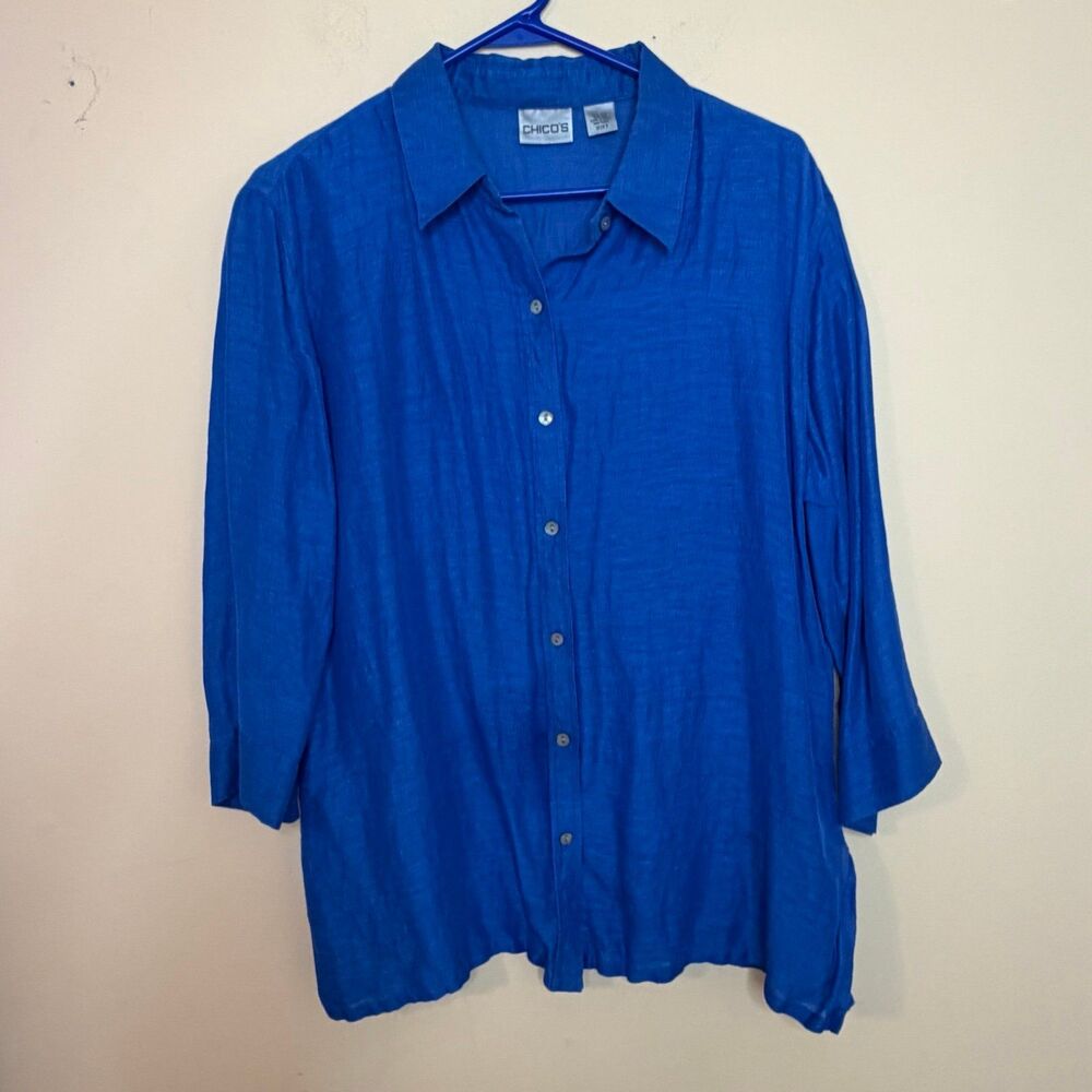 Chico’s linen silk blend blue button down shirt size 2 medium